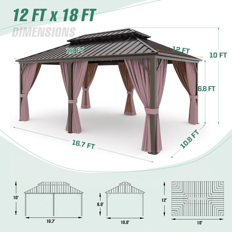 Extra Large Brown Metal Patio Gazebo with Dual Track Curtains