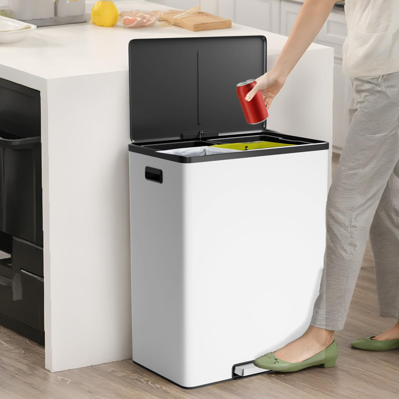 Poubelle à double compartiment 16 gallons / 60 litres avec couvercle à fermeture en douceur pour la cuisine, blanc
