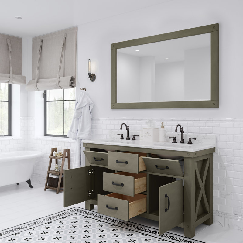 Meuble-lavabo de 60 po avec miroir Aberdeen, Blanc de Carrare, Terre de Sienne rustique
