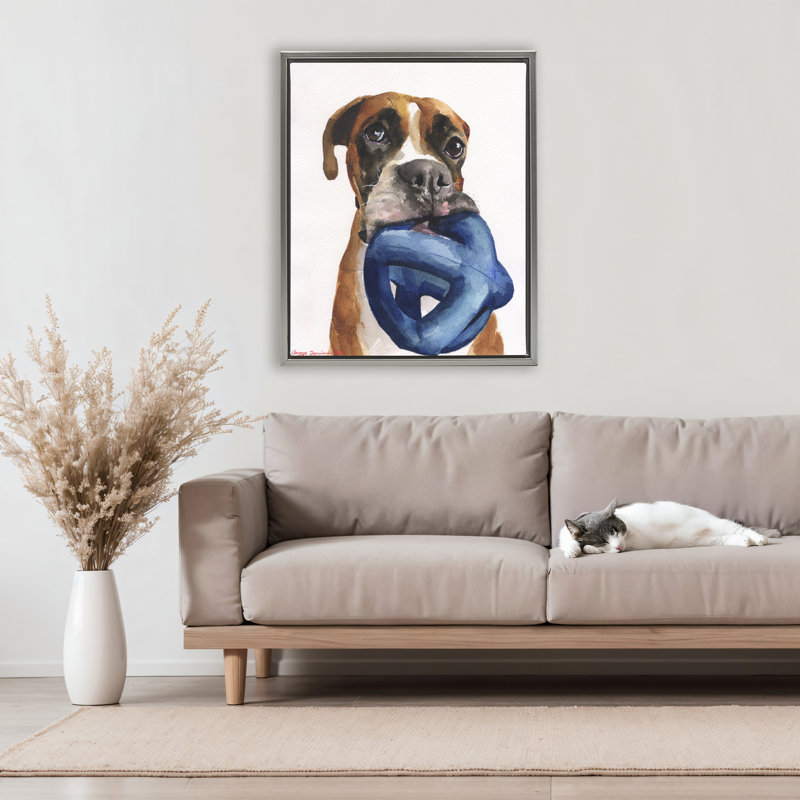 Cadre flottant blanc Boxer and His Toy, design par George Dyachenko, H 31 po x l 25 po, Cadre flottant gris lustré