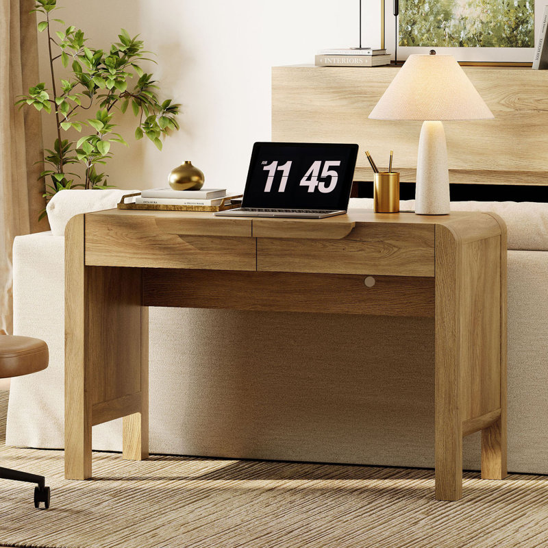 47-Inch Modern Sofa Table, Wood Arched Console Table Behind Couch With Drawers And Charging Station For Entryway, Living Room, Foyer, Hallway, And Office