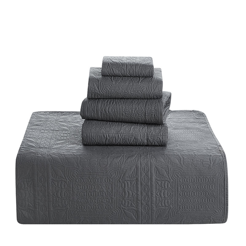 Grid Weave Premium Microfiber Reversible Quilt Set, King Quilt + 4 Shams, Charcoal Gray