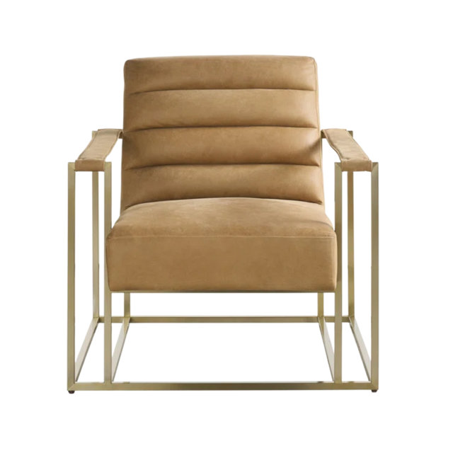 Modern armchair with tan faux leather channel-tufted upholstery and a gold-finished geometric metal frame.