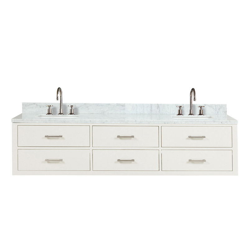 Meuble-lavabo double blanc 80 po X P 22 po D, dessus en marbre de Carrare et ensemble de robinet