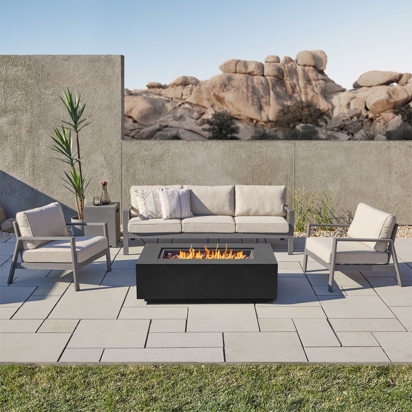 Aegean Fire Pit Table, 15" H x 50" W x 32" D, Black