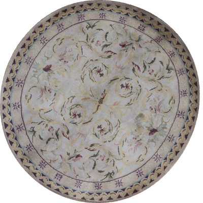Hand-Knotted High-Quality Green and Ivory Round Area Rug