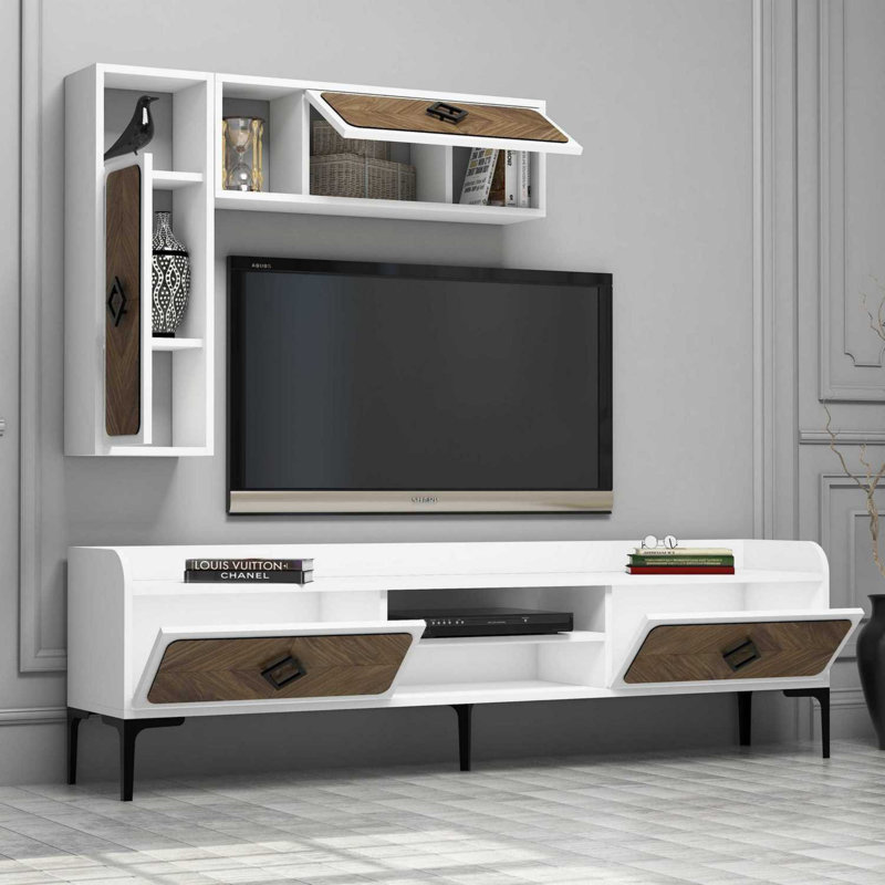 Modern TV Unit with Wall Shelves (2 Pieces), White & Walnut Finish, 70.9 x 20.5 x 13.8 inches | 100% Melamine Coated Particle Board, Easy Wall Mounting, Sleek Geometric Design & Ample Storage Space
