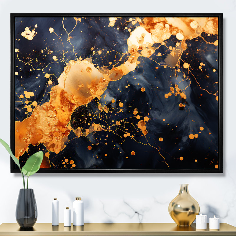 Or et galaxie noire - art mural Tachisme, Cadre flottant noir, H 34 po x l 44 po x P 1,5 po