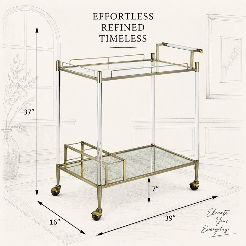 Wire Brass Rectangular Serving Cart with Glass and Mirror Shelves