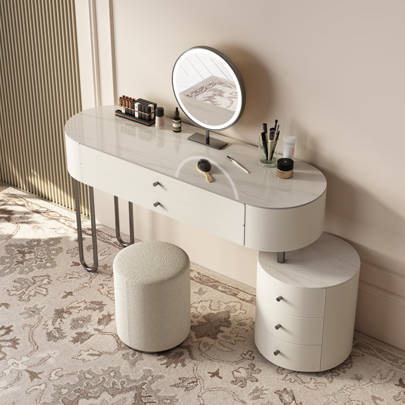 Jahnea Vanity-Elegant Set: Saddle Leather-Finished Slate Top Vanity Table & Stool, Stainless Steel Support, Reversible Installation, and Dimmable LED Mirror