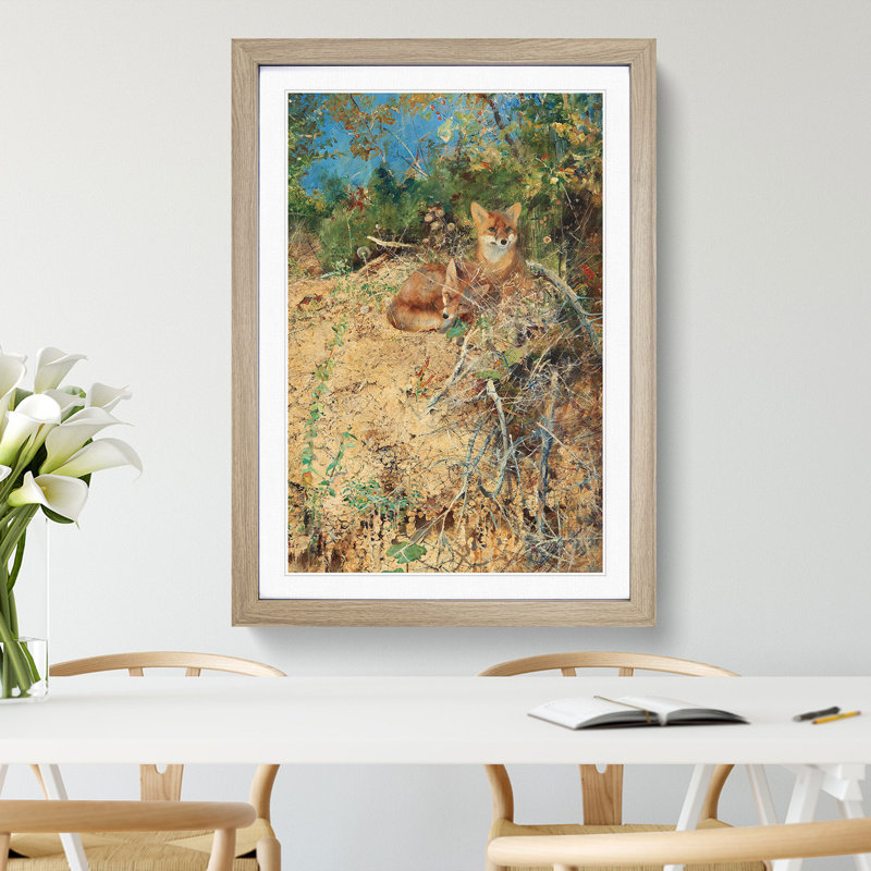 Fox Cubs by Bruno Liljefors - Picture Frame Painting, 36cm H x 27cm W x 2cm D, Oak Framed