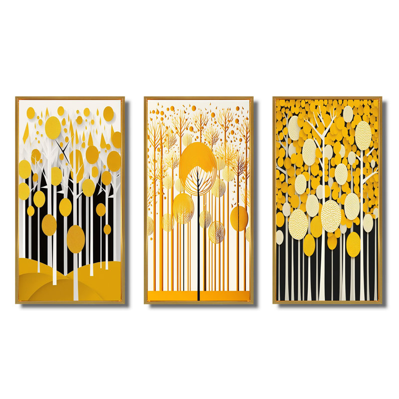 «Abstract Yellow Forest Minimal Art», ensemble de 3 pièces sur toile, Encadrement doré, H 48 po x l 32 po