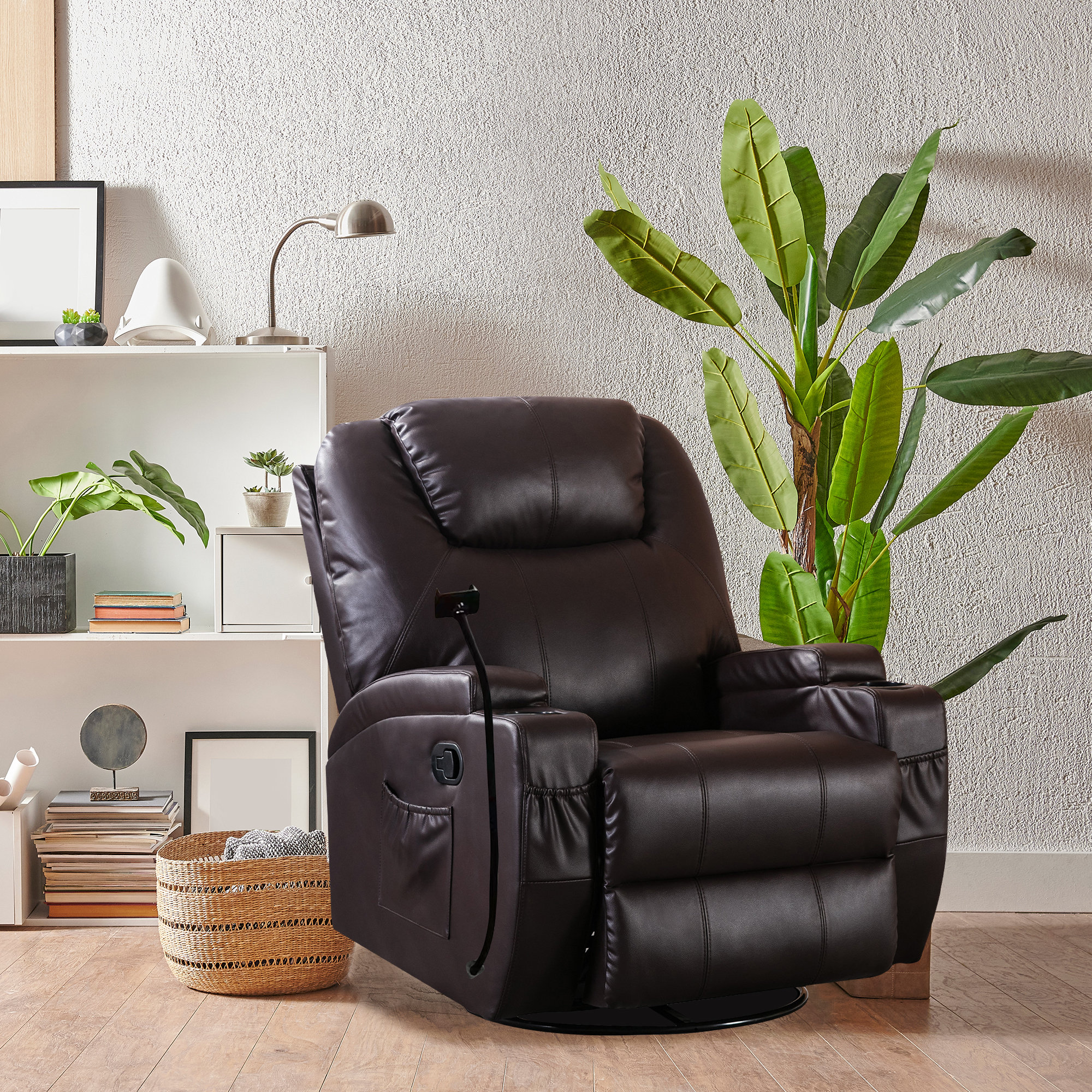 Swivel Rocker Recliner Chair for Living Room with Cup Holders Pillow Latitude Run Leather Type: Black Faux Leather