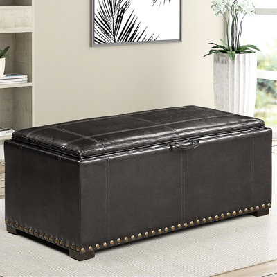 Leather Storage Bench With 2 Black Side Ottomans, To Table, Ideal For Living Room, Nail Heads Ornament, 16" H X 39.68" W 40" D Bench, 13" 13.5" Ottomans Can Convert Suitable Appearance,
