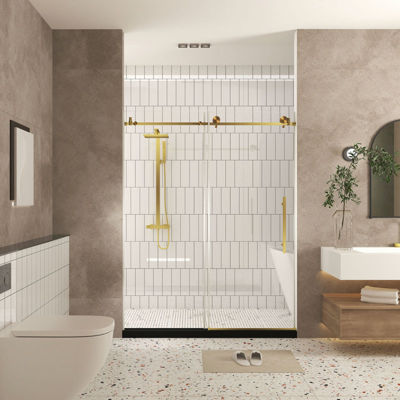 Porte de douche sans cadre l 44 à 48 po x H 76 po, verre trempé transparent de 1/4 po (6 mm), film antidéflagrant, poignée en acier inoxydable