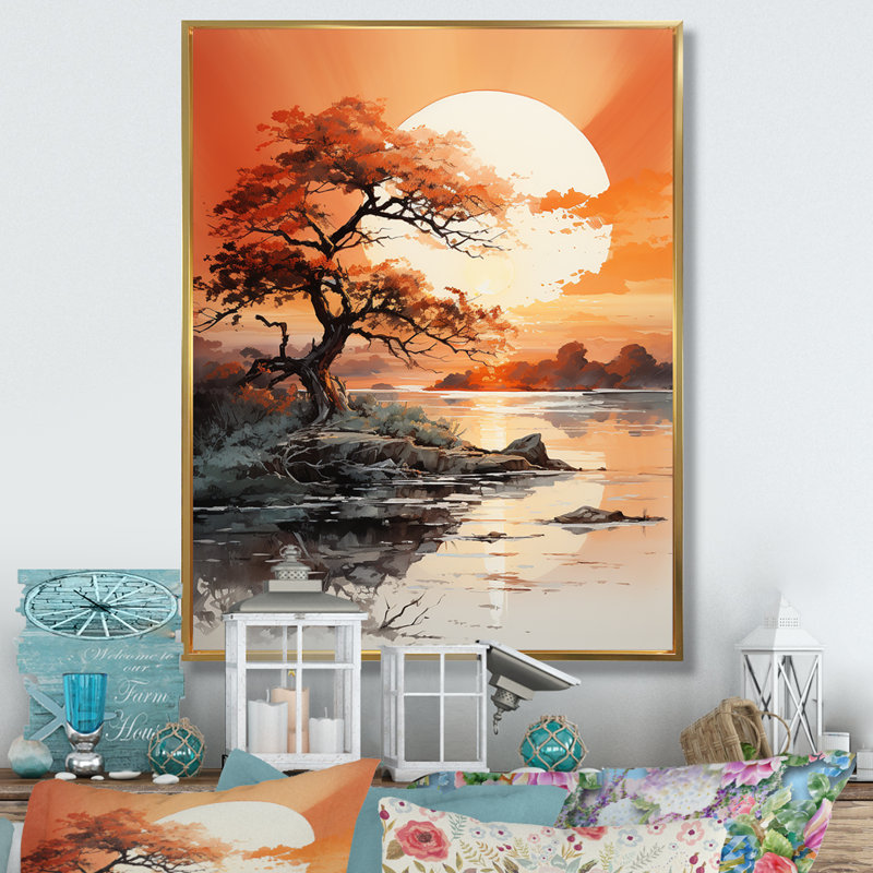 Orange, lune, silhouette, paysage I, art mural floral, salon, H 32 po x l 16 po x P 1 po, Cadre flottant doré