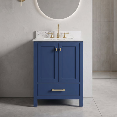 Meuble-lavabo de 24 po en bois massif bleu avec lavabo et tiroirs à fermeture en douceur