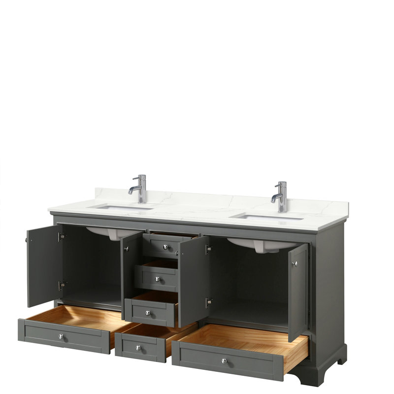 Ensemble de meuble-lavabo double autoportant 72 po avec plateau en quartz Deborah, Quartz Giotto, Gris foncé, Chrome poli