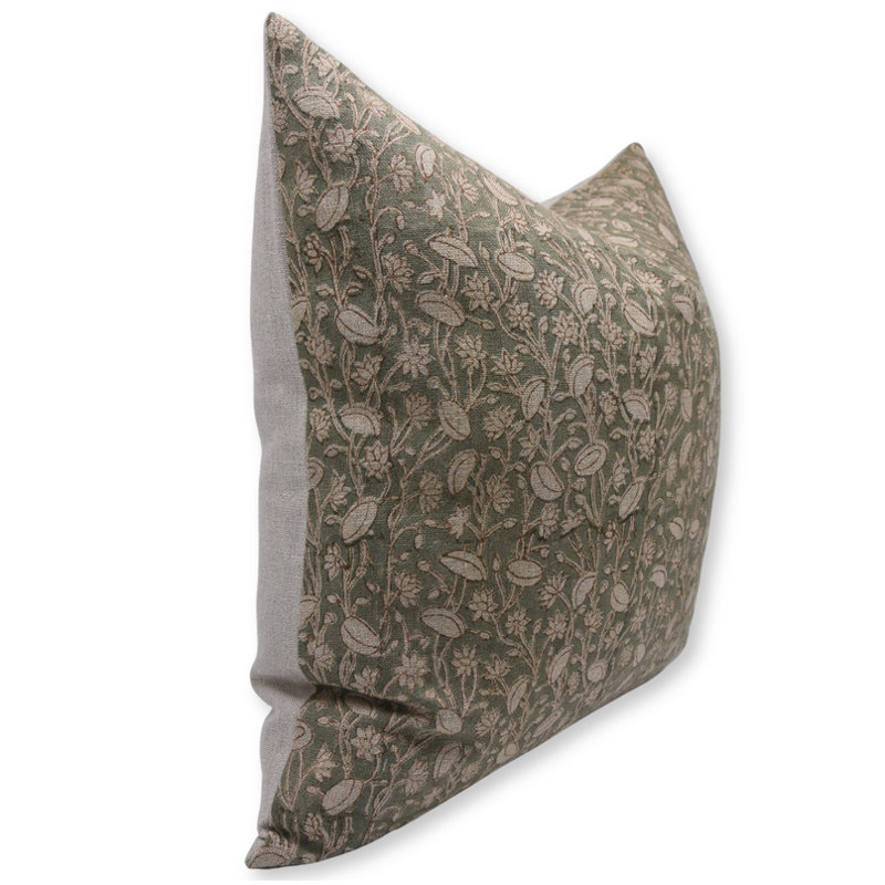 Linen Indoor/Outdoor Pillow Cover, 14" x 14", Green/Beige Floral 1