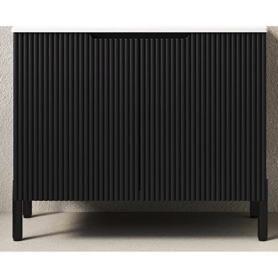 30" Black Freestanding Bathroom Cabinet, No Basin, White Sintered Stone Countertop, Double Doors, High - Quality Particle Board, Proof, Soft Close Feature, Scandinavian Aesthetic, Flat Pack For
