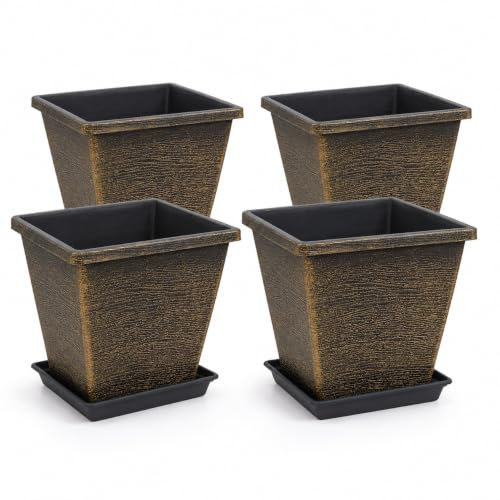 Pots à fleurs carrés 10 pouces avec soucoupes, or brossé, paquet de 4, Or brossé