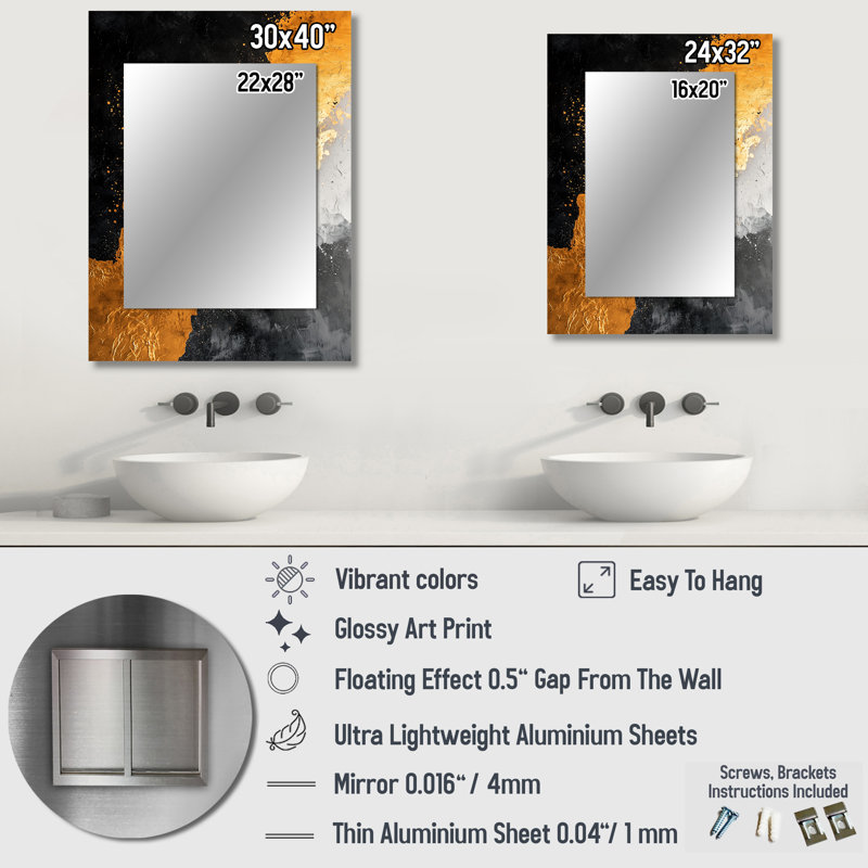 Gold And Black Auroras Edge Shapes II - Abstract Shapes Unique Wall Mirror Decor, Modern Large Mirror, Printed Metal Art