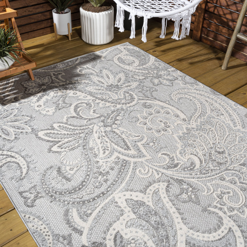 Irvine Paisley High-Low Light Gray/Ivory Indoor/Outdoor Rug, Rectangle 4' x 6'