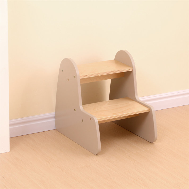 Furniturehmd Kids Two-Tier Step Stool, Wooden Toddler Step Stool For Potty Training，Multi-Purpose Kids Stool For Bathroom Sink,  Plant Stand, Natural & Gray, Easy Assembly