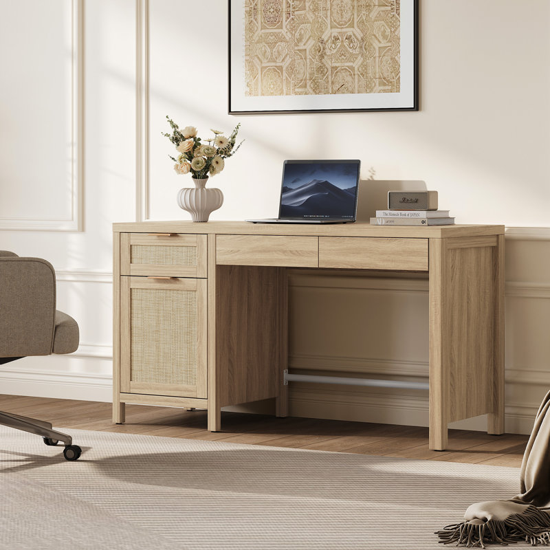 Bureau en rotin de 55,25 po avec tablettes réglables et beaucoup de rangement, Chêne clair, 2