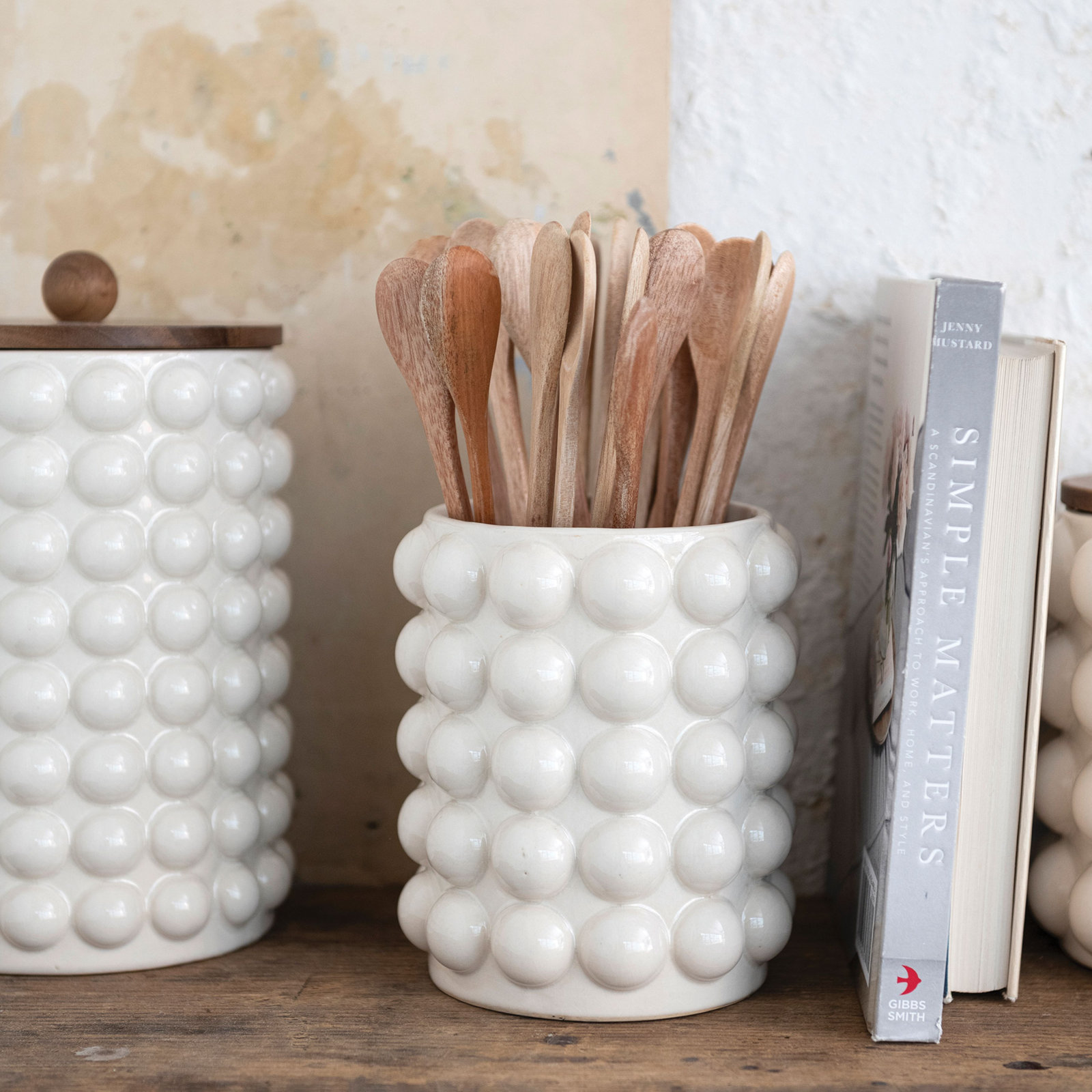 Zeppelin Stoneware Raised Kitchen Canister, 8.25" H x 6" W x 6" D, Cream/Brown