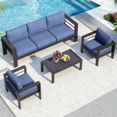 4-Piece Modern Aluminum Patio Conversation Set,  5-Seat Outdoor Sofa With  Thick Blue Cushions & Black Frame And Coffee Table