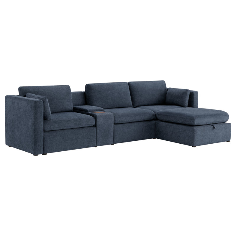 Winfree 4- Piece Upholstered Sectional With Console, Blue Polyester