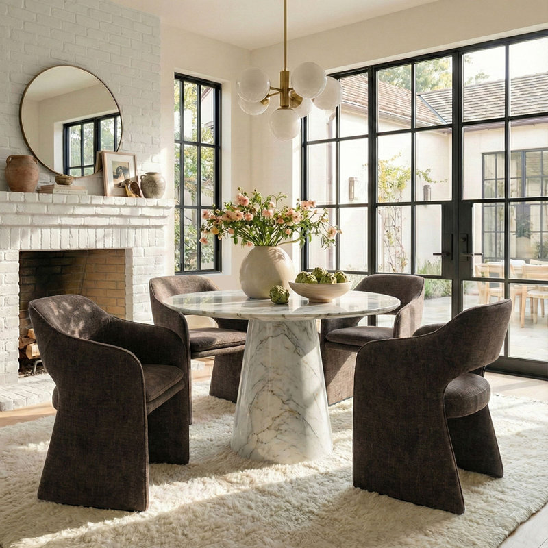 19" Seat Height Upholstered Fabric Dining Armchair, Brown