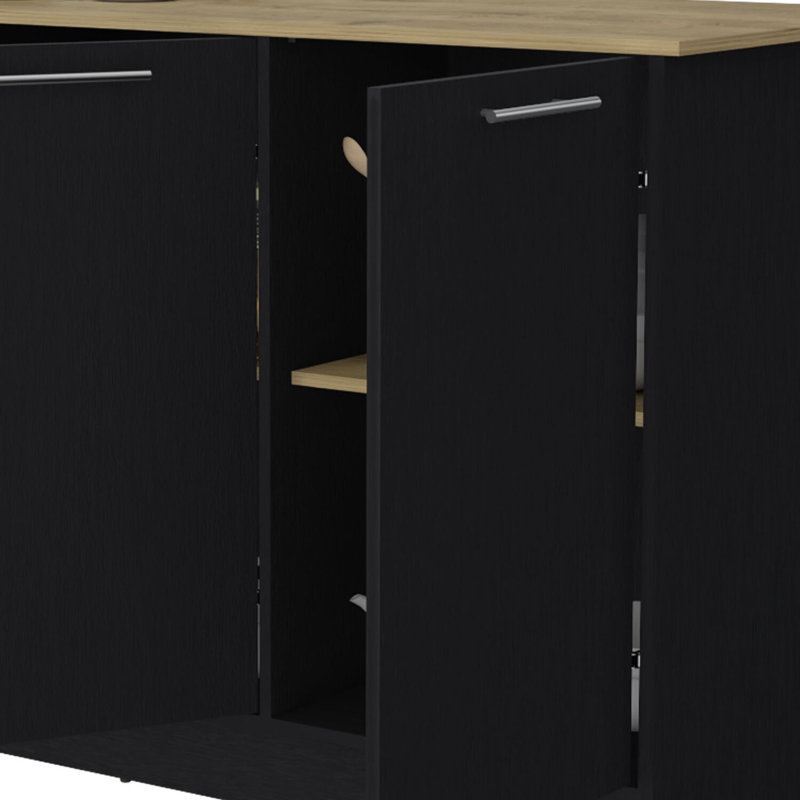 Kitchen Island With Spacious Countertop, Double Door Cabinets, And 2 Open Storage Shelves, Black/Natural