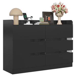 VVFLU 6 Drawer Dresser with Power Outlet, Black Dresser with LED Light, Modern Chest of Drawers for Closet, Double Wide Drawer Organizer Cabinet for Bedroom, Living Room, Entryway, Hallway