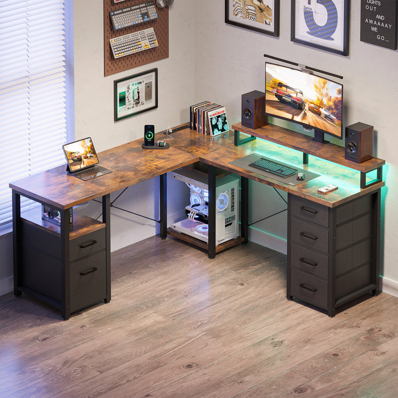 Elverton L-Shaped Gaming Desk with Built in Outlets, 35.04" H x 66.14" W x 58.27" D, Brown/Black