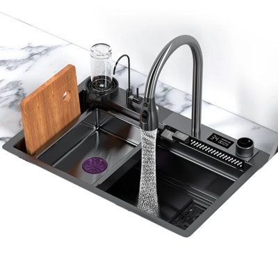 Évier de cuisine 33 po x 22 po en acier inoxydable Nano 304 noir avec robinet à cascade et affichage de la température à DEL - évier de station de travail à simple cuve avec douchette