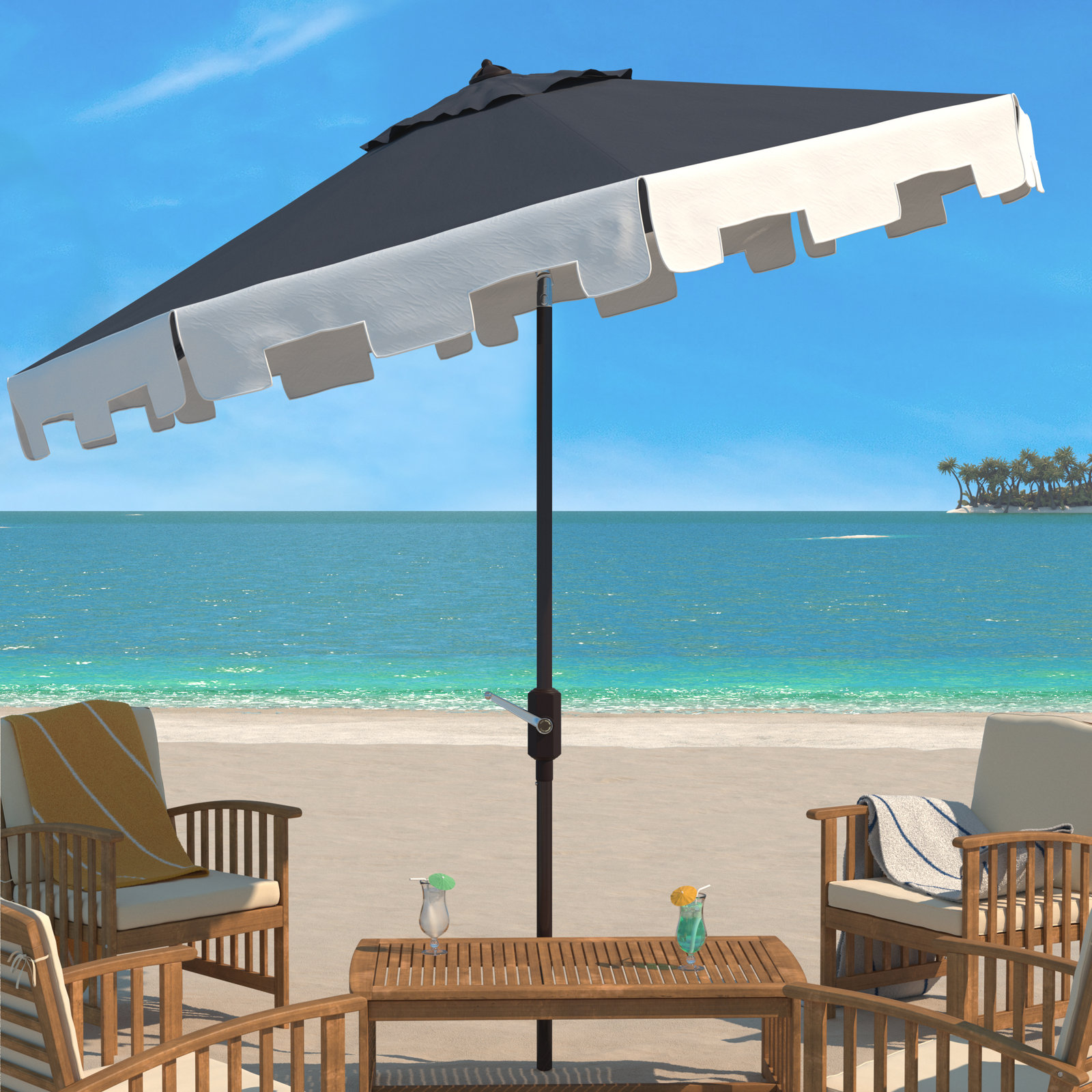 9' Market Umbrella, Navy/Beige