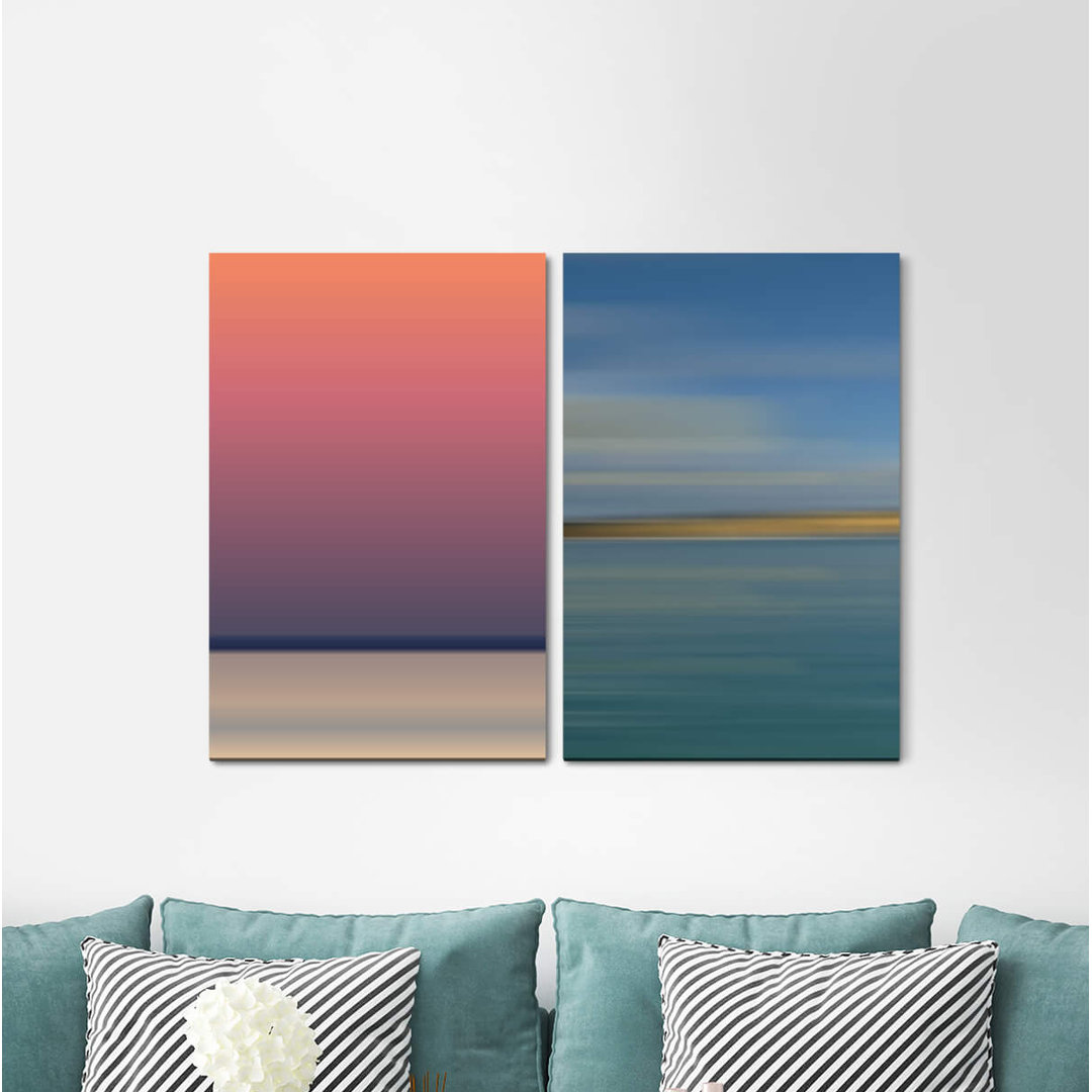 2-tlg. Leinwandbilder-Set - Grafikdruck „Minimal Horizon Calming Blue Tones Warm Colours Evening”