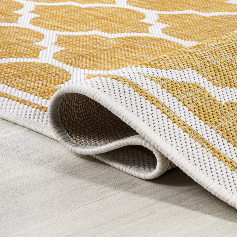 Tapis d'intérieur / extérieur jaune / crème Trebol, Rectangle 9 pi x 12 pi