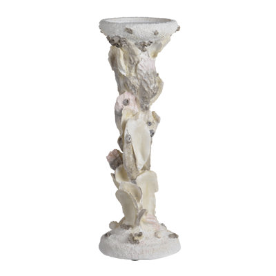 Pillar Candle Holder, Oyster Design 14 Inch Tall Coastal White Polyresin