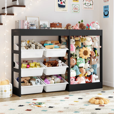 Rangement de jouets l 50,6 po avec 6 bacs en plastique, grand organisateur de jouets 3-en-1, rangement pour animaux en peluche, armoire pour tout-petits en bois pour chambre d'enfant, salle de jeux, chambre de bébé (noir)