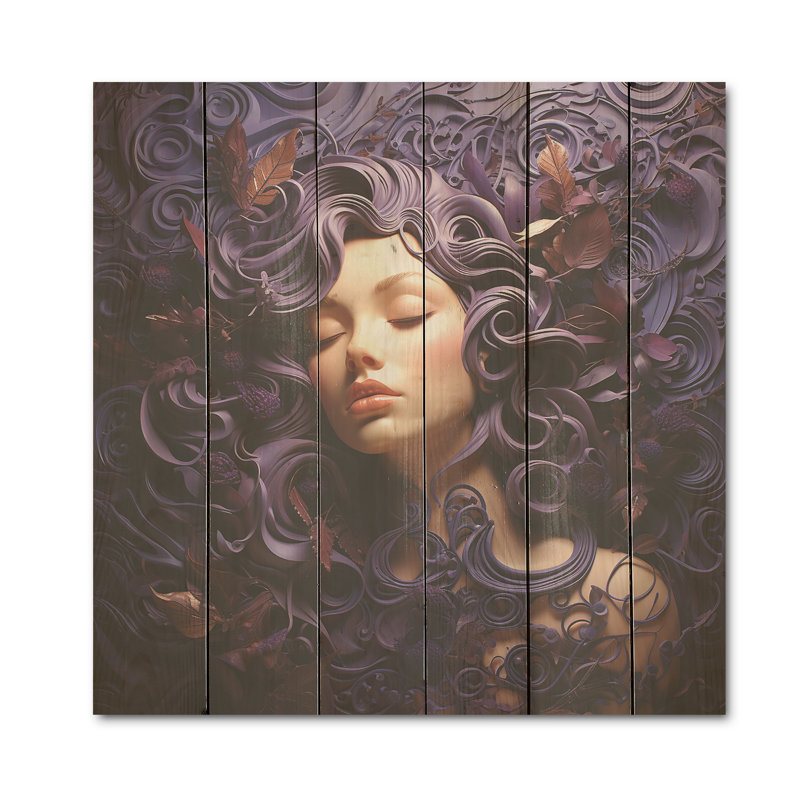 Woman Yoga Nidra In Purple - Yoga Wood Panel Wall Art On Natural Pine Wood, 15" H x 15" W