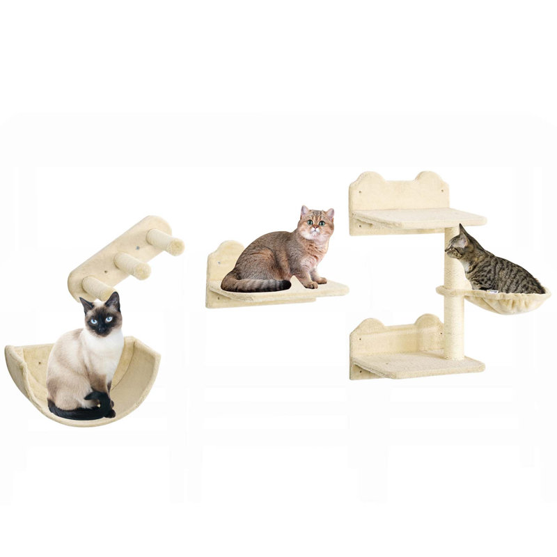 Ensemble de 4 tablettes murales pour chat avec hamac, marches, perchoirs et griffoir pour dormir et jouer, beige
