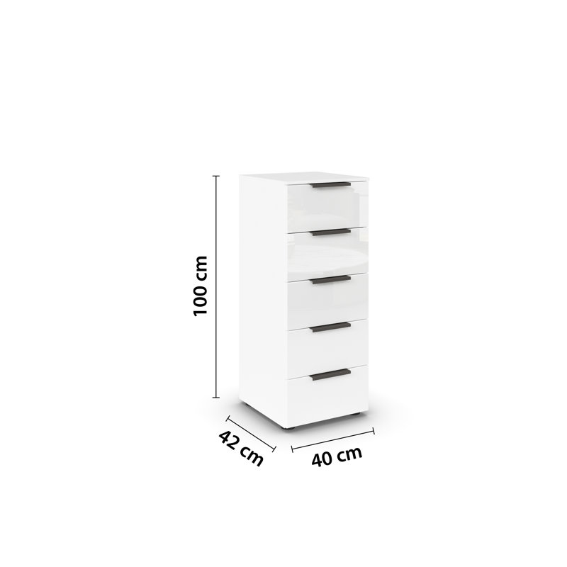 Flipp 5 Drawer 40Cm W Chest, Alpine White/White Glass/Graphite
