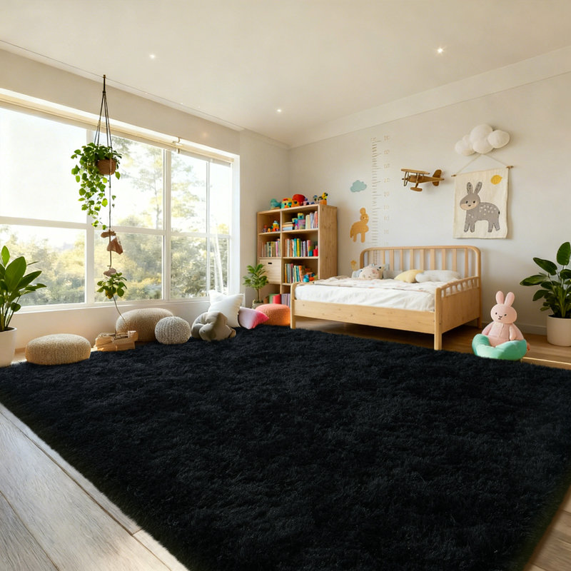 9' x 12' Shag Rugs for Living Room, Black Area Rugs for Bedroom Nursery Kids PlayRoom Dorm Office Indoor Modern Plush Carpets