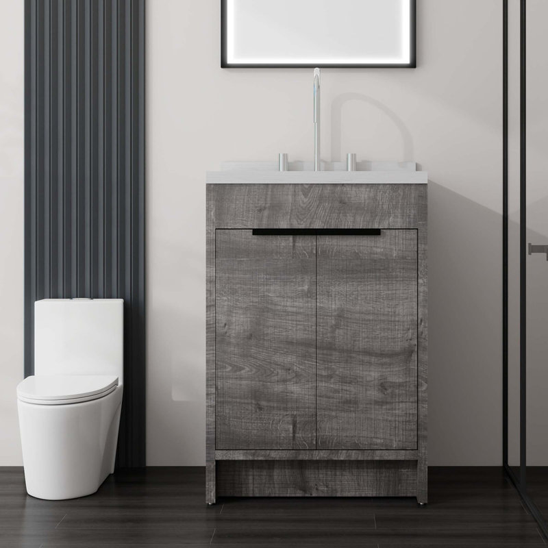Meuble-lavabo autoportant avec portes à fermeture douce et comptoir en marbre de culture, Gris