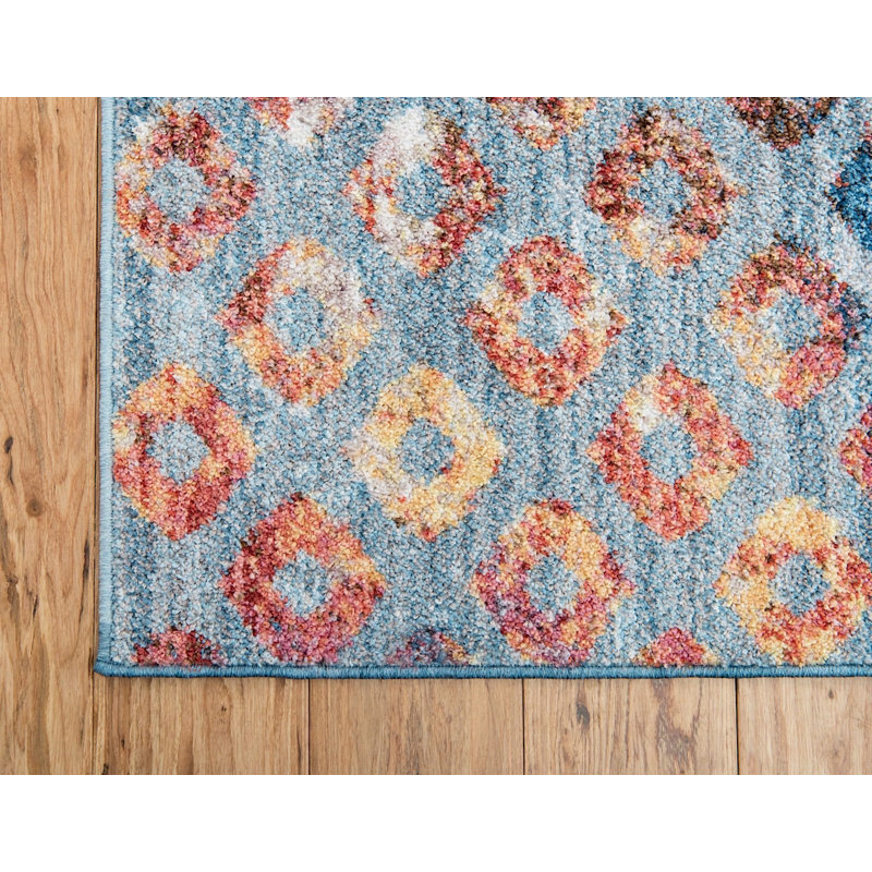 Tapis bleu ciel à motif géométrique Corvena, Carré 8 pi