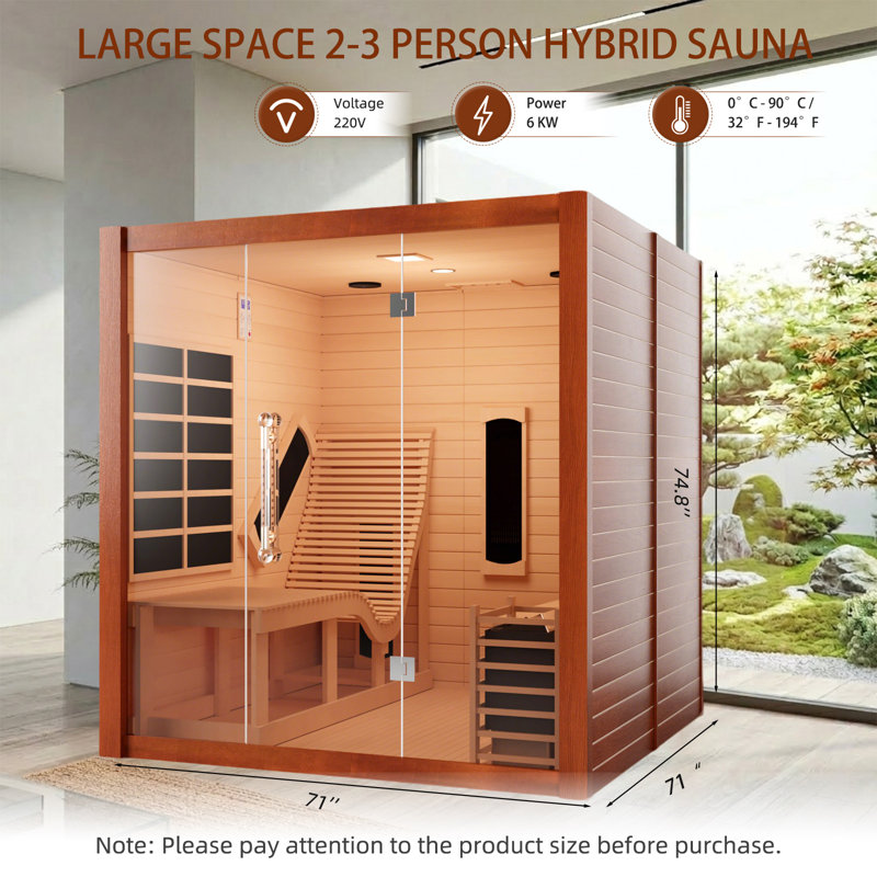 Hylivesaunas 2-3  Person Western Red Cedar Smart Hybrid Sauna | WiFi Control, Infrared & Harvia Steam, Ergonomic Loungers & Chromotherapy