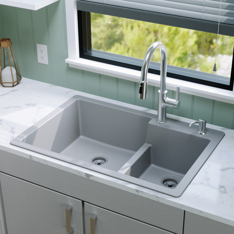 Karran Quartz 33'' X 22'' 60/40 Double Bowl Drop-in Kitchen Sink, Gray